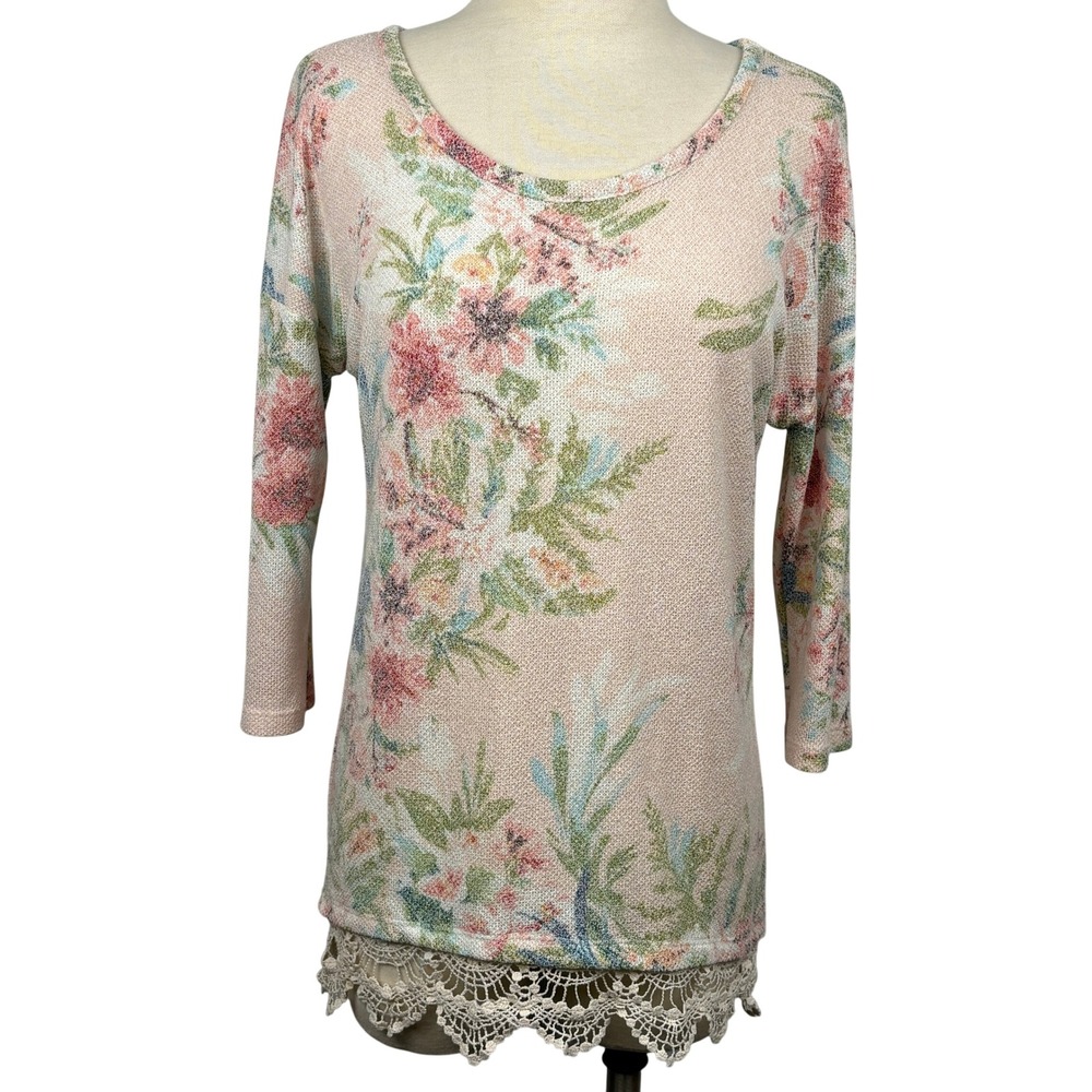 By Design Floral Crochet‎ Lace Hem 3/4 Sleeve Tunic Top Small Cottagecore Boho